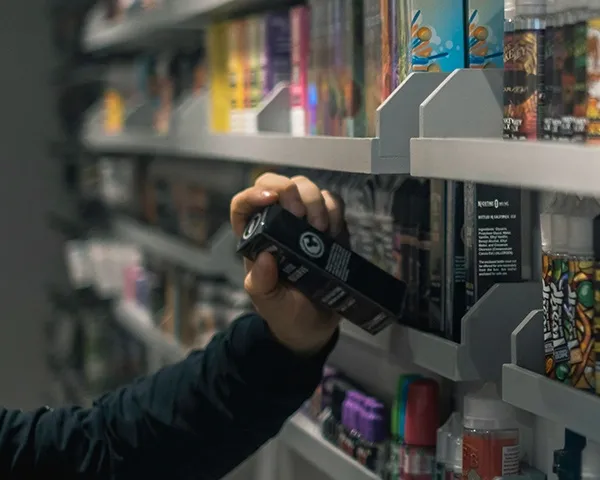 A vape shop owner picking out a vape product